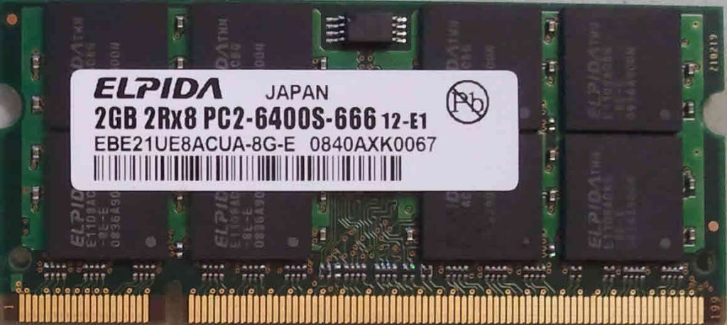 Barrette De RAM Elpida 2 Go - PC2-6400S (DDR2 800 Mhz) - 2Rx8 - Référence 666-12-E1 - Occasion Fonctionnelle